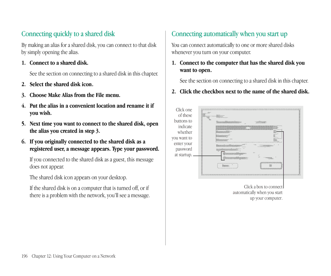 Apple 145B manual Connecting quickly to a shared disk, Connecting automatically when you start up, Connect to a shared disk 