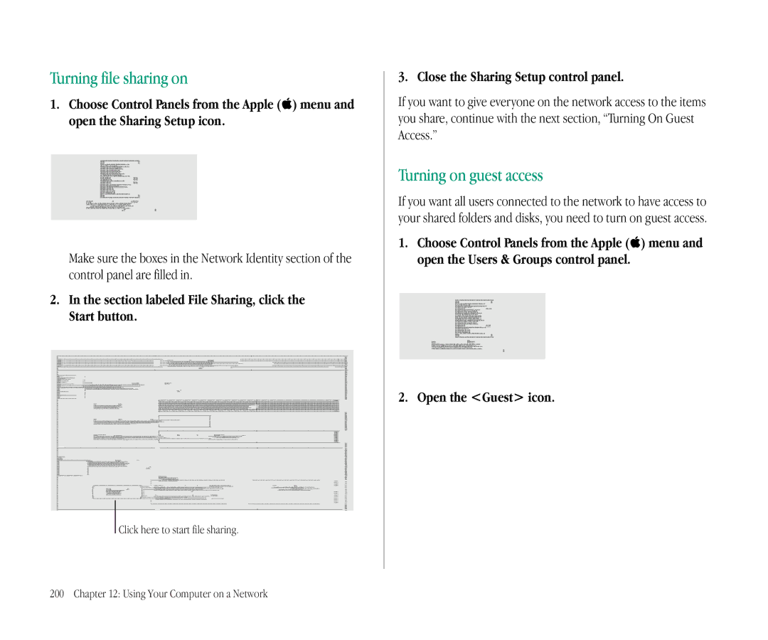 Apple 145B manual Turning file sharing on, Turning on guest access, Section labeled File Sharing, click the Start button 