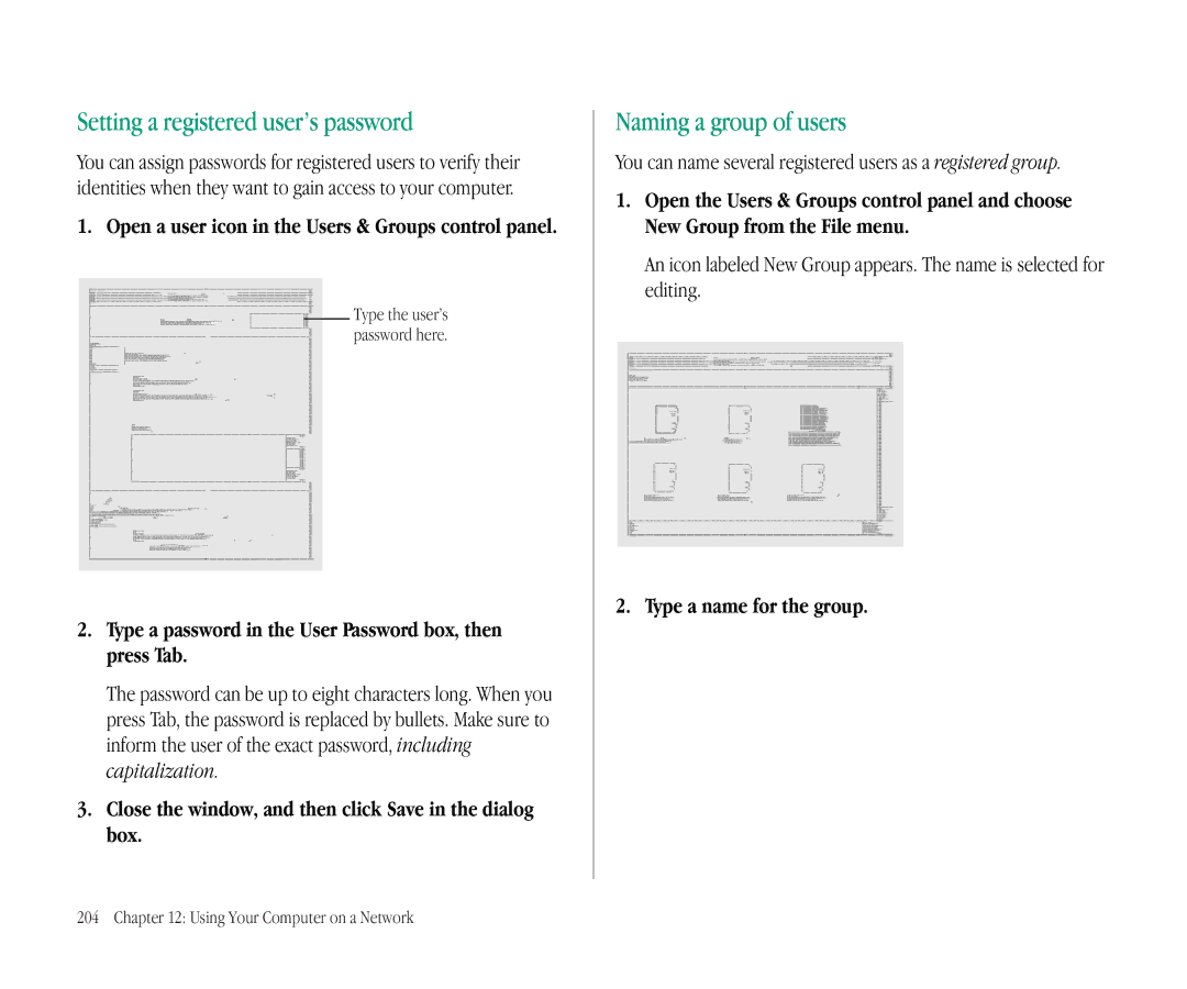 Apple 145B manual Setting a registered user’s password, Naming a group of users, Type a name for the group 