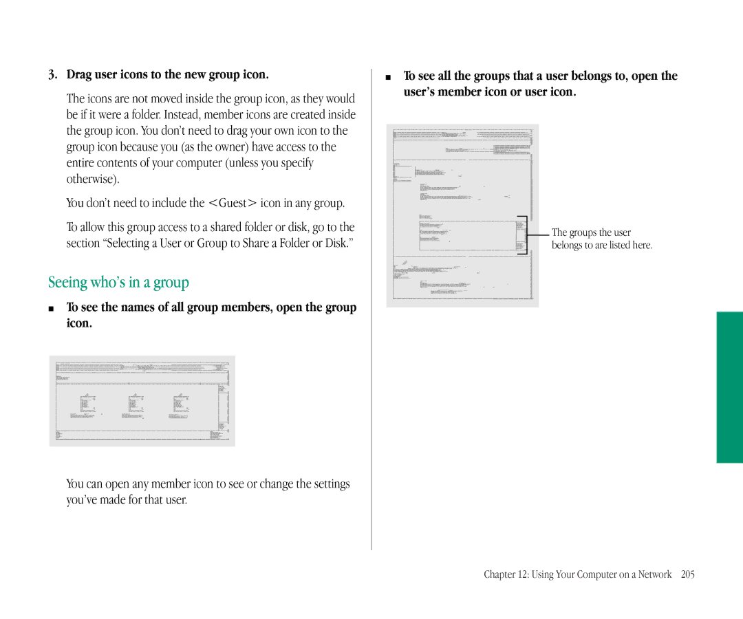 Apple 145B manual Seeing who’s in a group, Drag user icons to the new group icon 