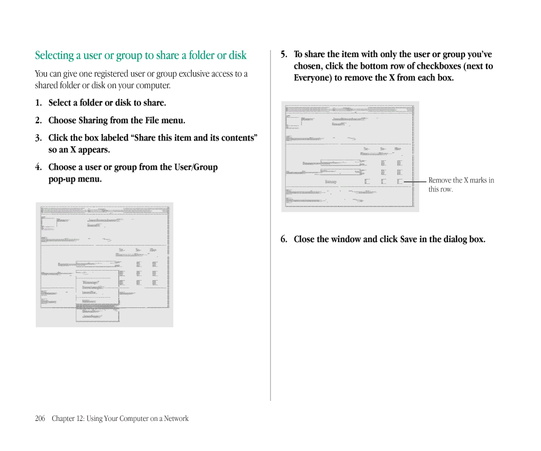 Apple 145B manual Selecting a user or group to share a folder or disk, Close the window and click Save in the dialog box 