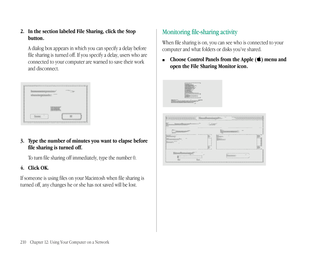 Apple 145B manual Monitoring file-sharing activity, Section labeled File Sharing, click the Stop button 