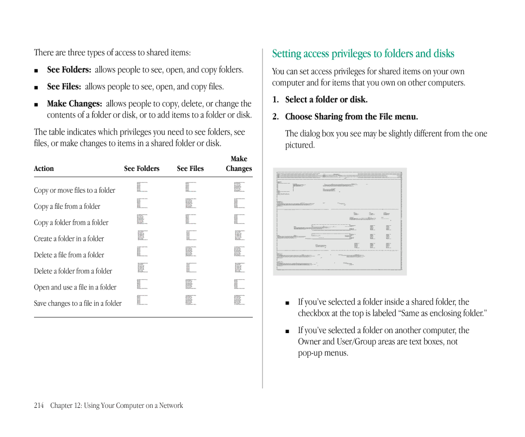 Apple 145B manual Setting access privileges to folders and disks, There are three types of access to shared items 