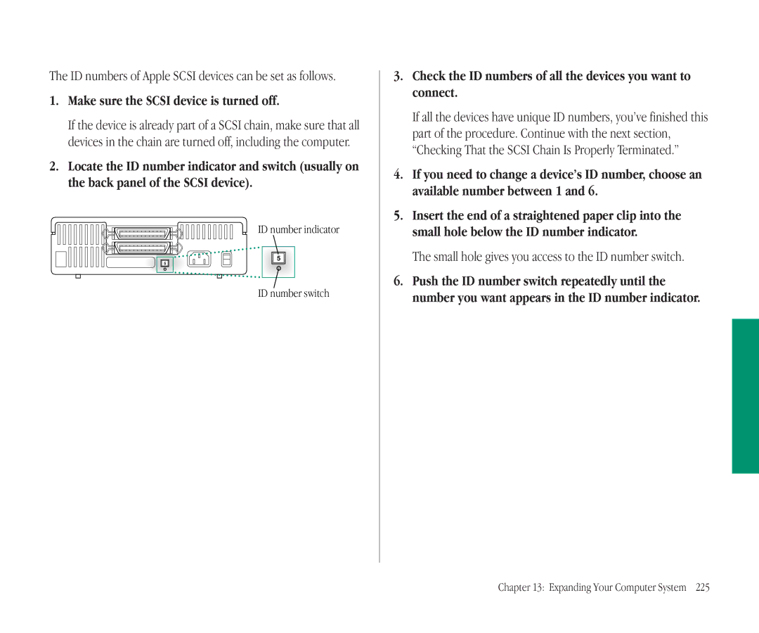 Apple 145B manual Make sure the Scsi device is turned off, Check the ID numbers of all the devices you want to connect 