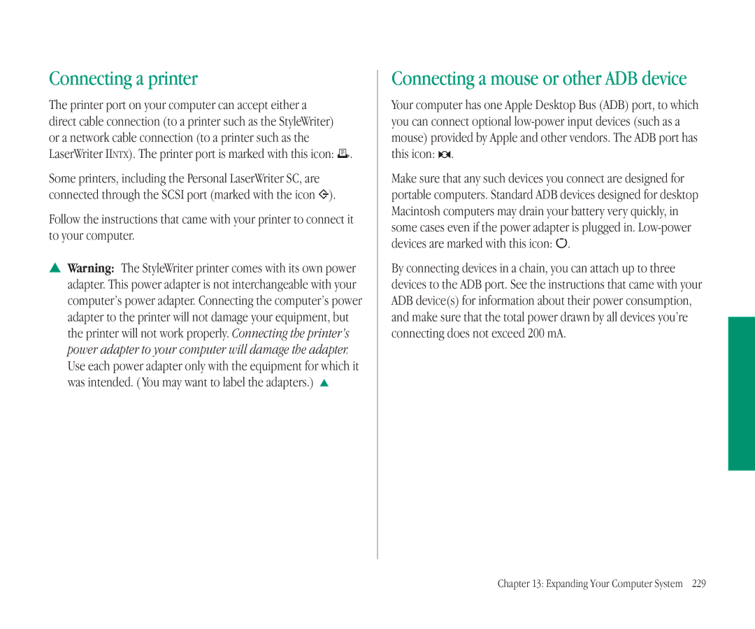 Apple 145B manual Connecting a printer, Connecting a mouse or other ADB device 