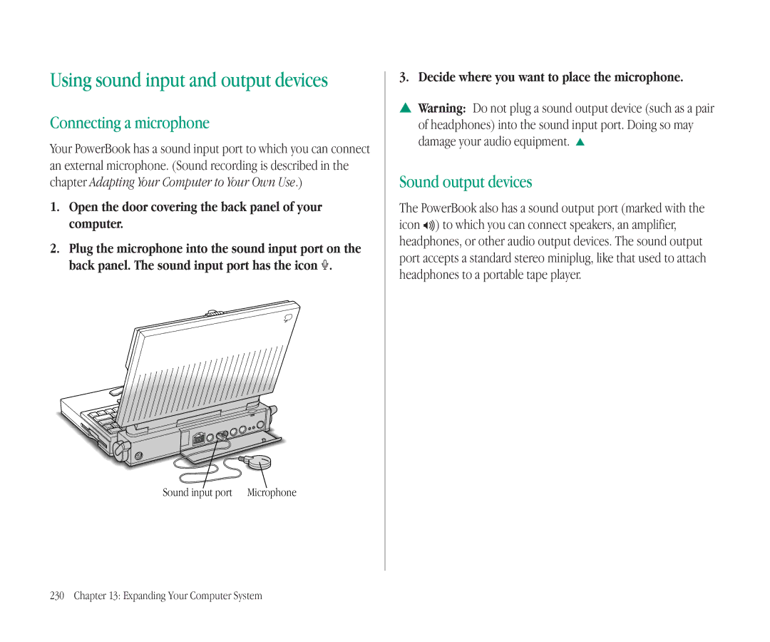 Apple 145B manual Connecting a microphone, Sound output devices, Open the door covering the back panel of your computer 