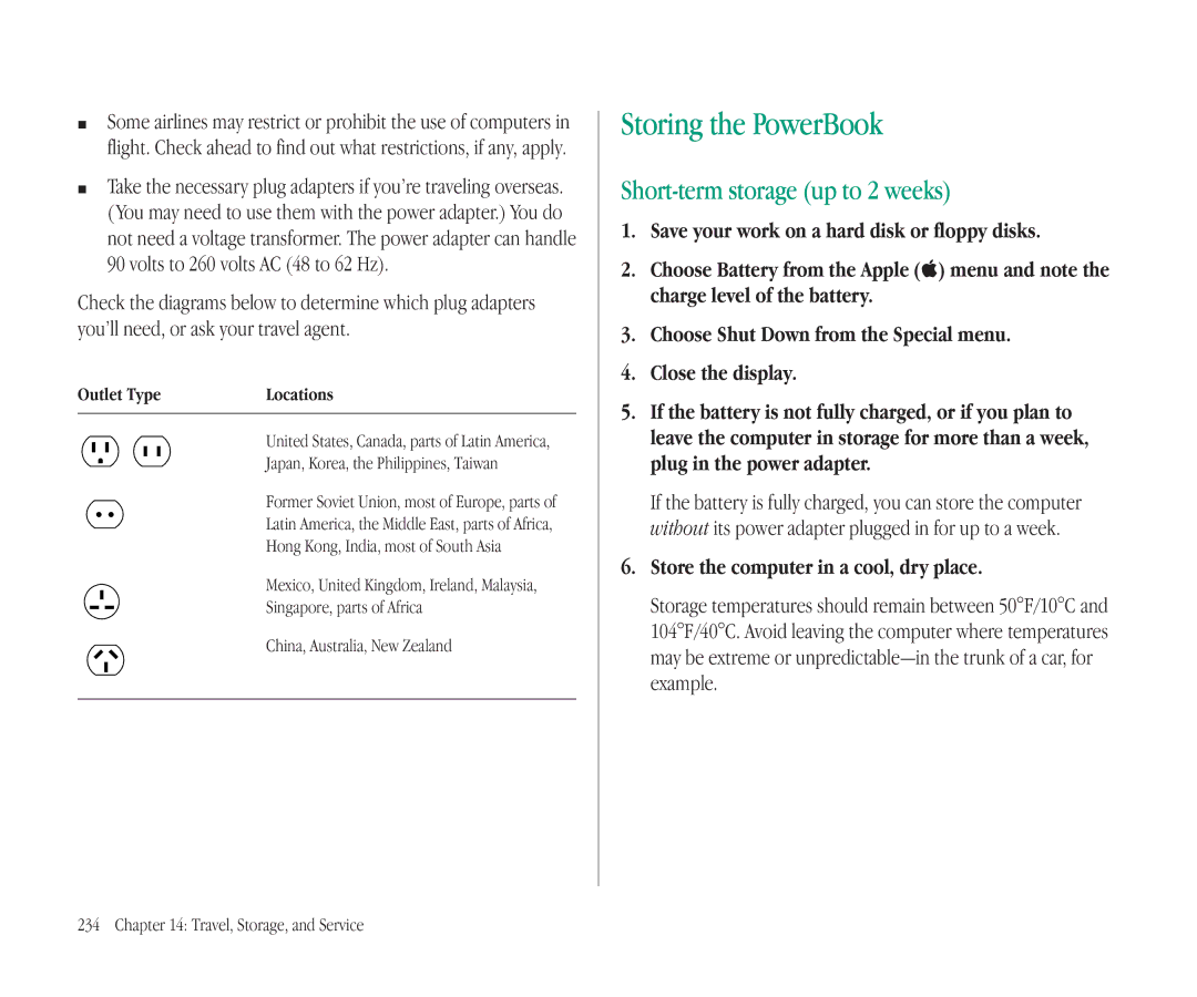 Apple 145B manual Storing the PowerBook, Short-term storage up to 2 weeks, Store the computer in a cool, dry place 