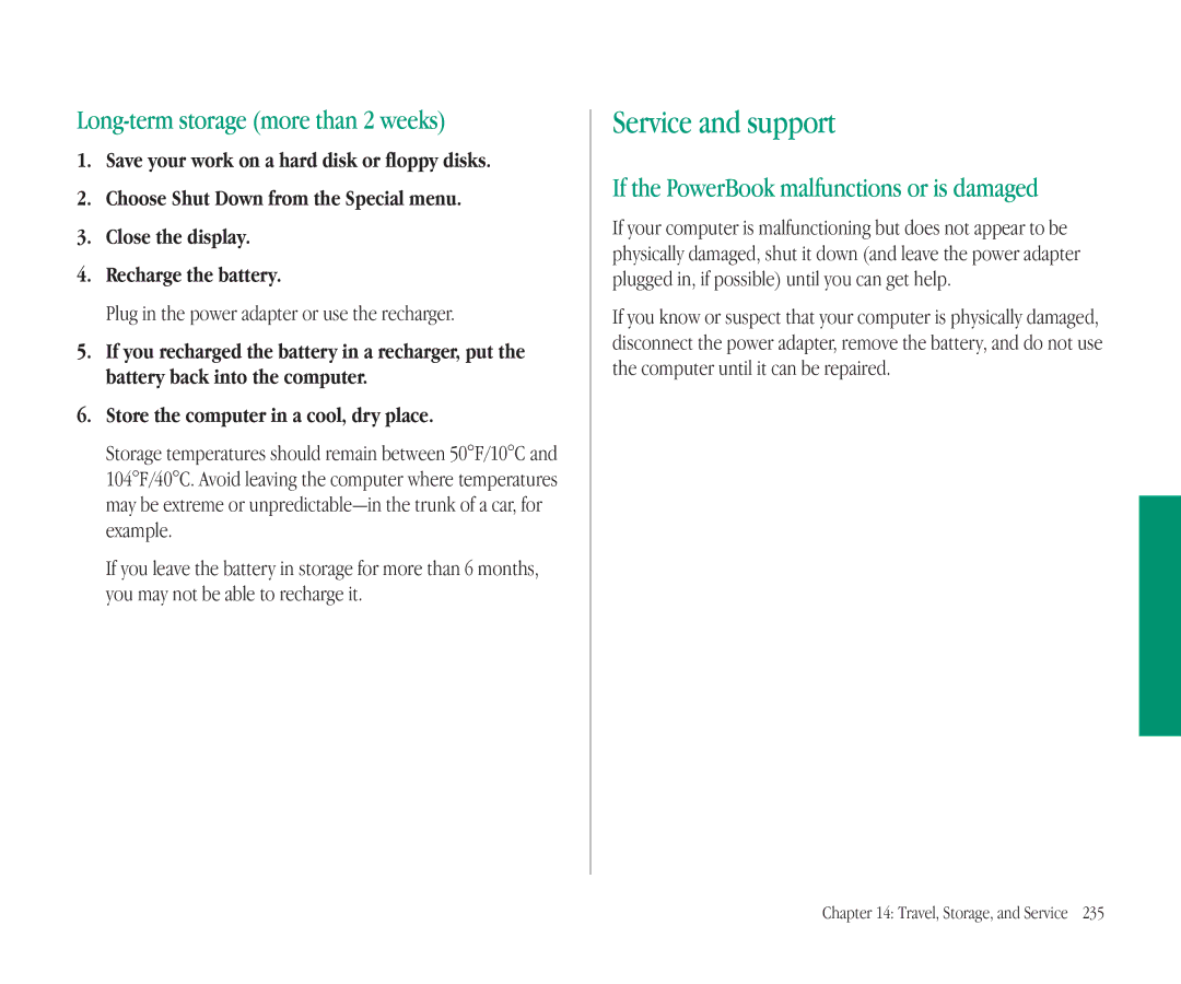 Apple 145B manual Service and support, Long-term storage more than 2 weeks, If the PowerBook malfunctions or is damaged 