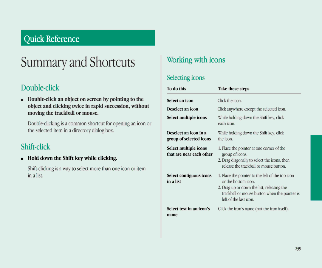 Apple 145B manual Double-click, Shift-click, Working with icons, Selecting icons, Hold down the Shift key while clicking 