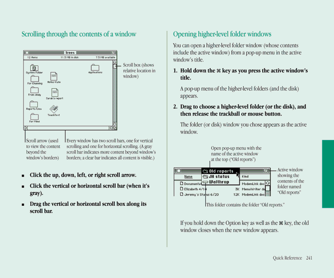 Apple 145B manual Scrolling through the contents of a window, Opening higher-level folder windows 