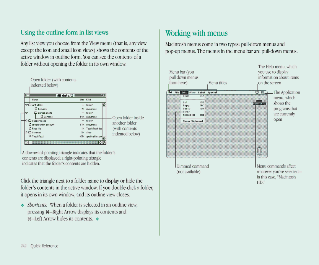 Apple 145B manual Working with menus, Using the outline form in list views, Menu bar you, From here, Application 