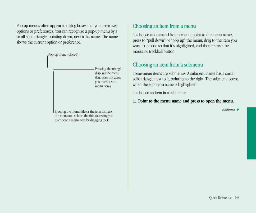 Apple 145B manual Choosing an item from a menu, Choosing an item from a submenu, To choose an item in a submenu 