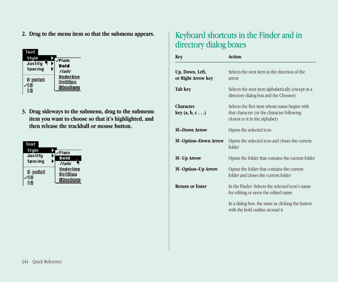 Apple 145B manual KeyAction, Selects the next item in the direction of the arrow 