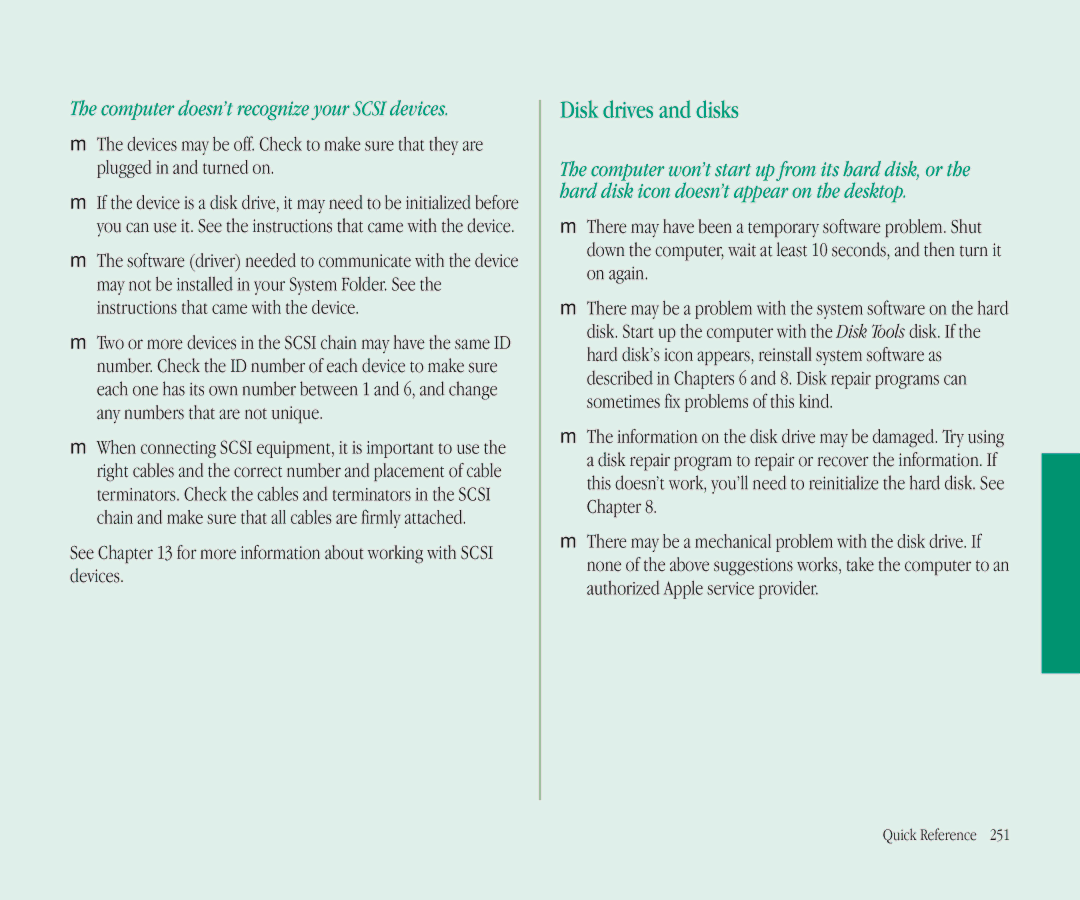Apple 145B manual Disk drives and disks, See for more information about working with Scsi devices 