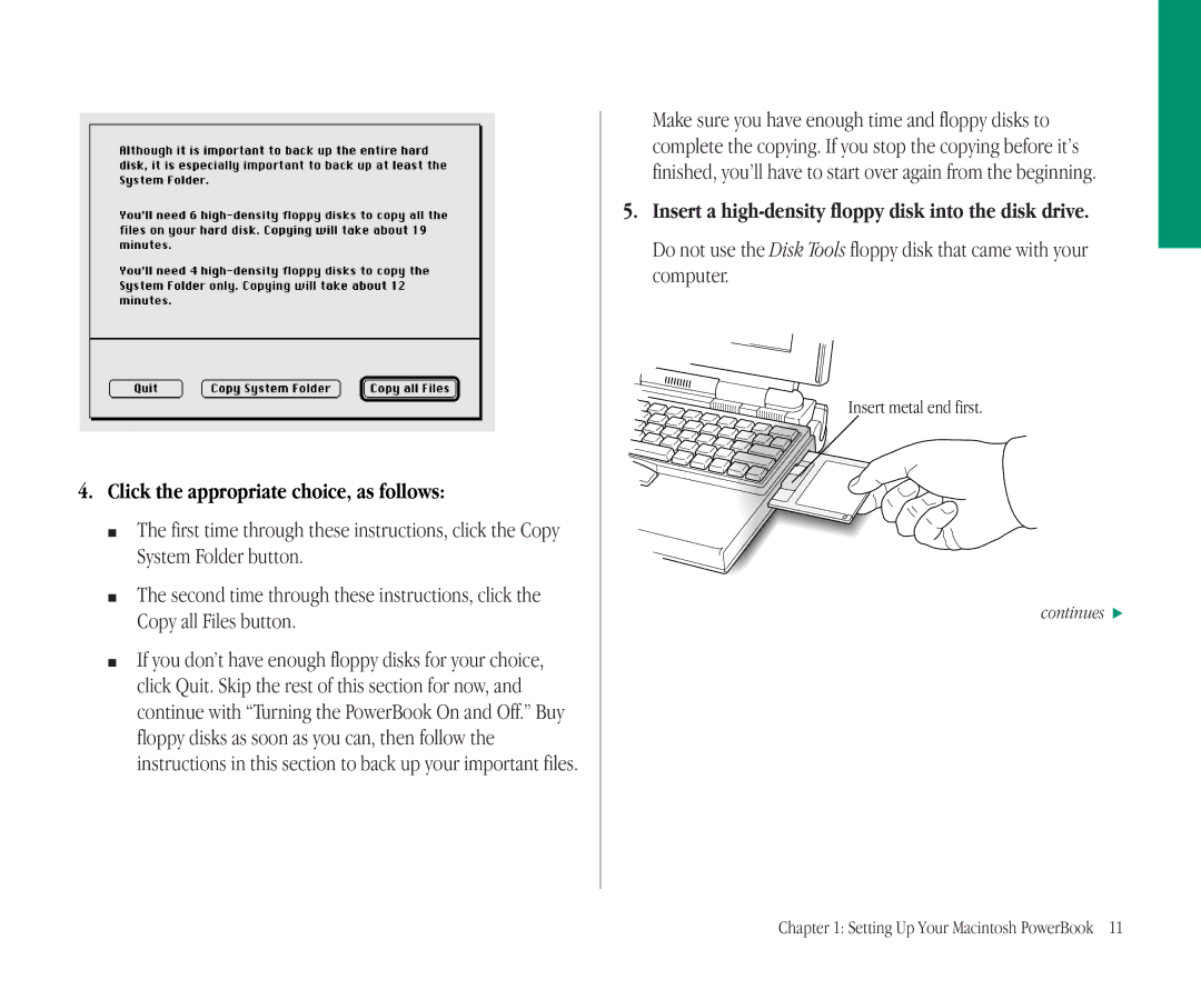 Apple 145B manual Click the appropriate choice, as follows, Insert a high-density floppy disk into the disk drive 