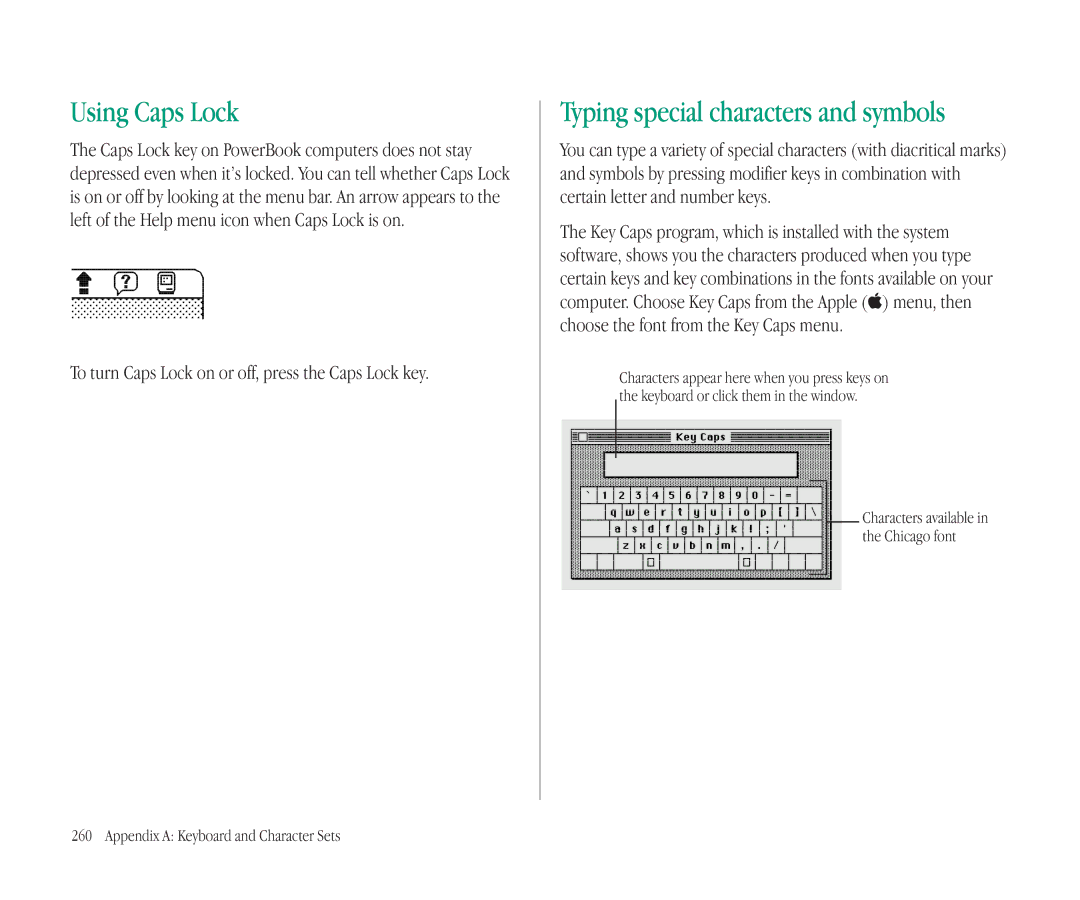 Apple 145B Using Caps Lock, To turn Caps Lock on or off, press the Caps Lock key, Appendix a Keyboard and Character Sets 