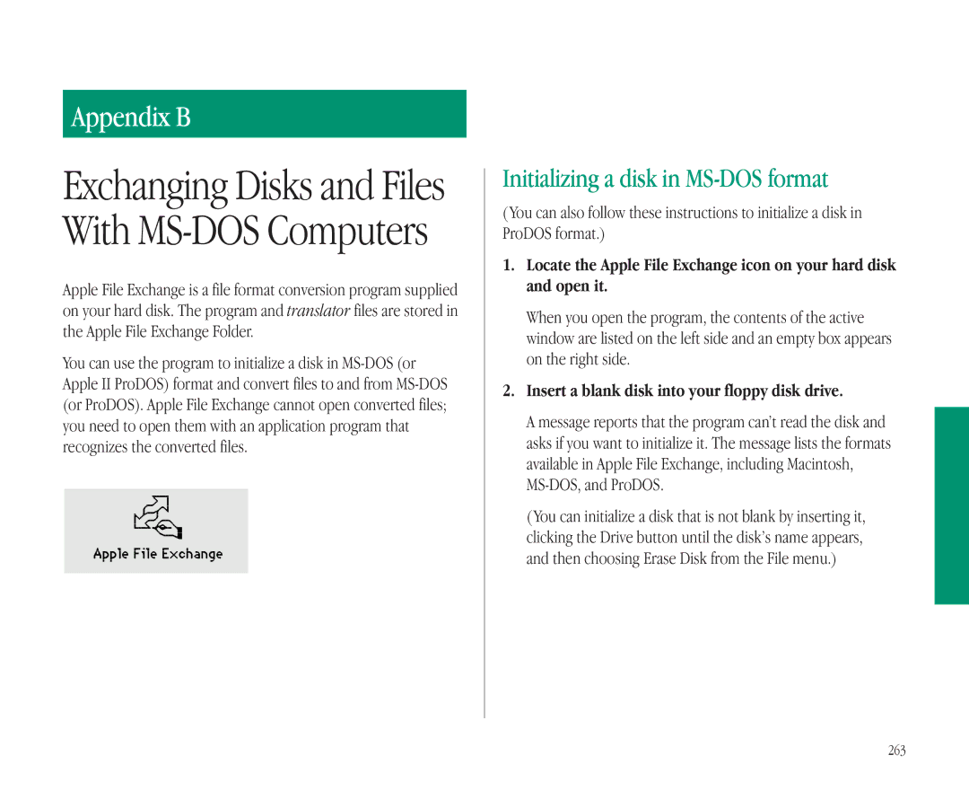 Apple 145B manual Initializing a disk in MS-DOS format, Insert a blank disk into your floppy disk drive, 263 