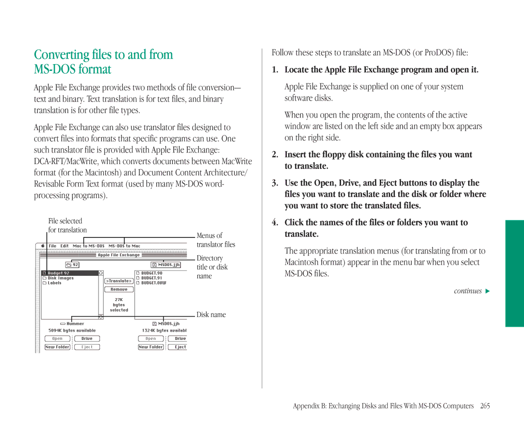 Apple 145B manual Converting files to and from MS-DOS format, Menus, Directory, Title or disk, Disk name 