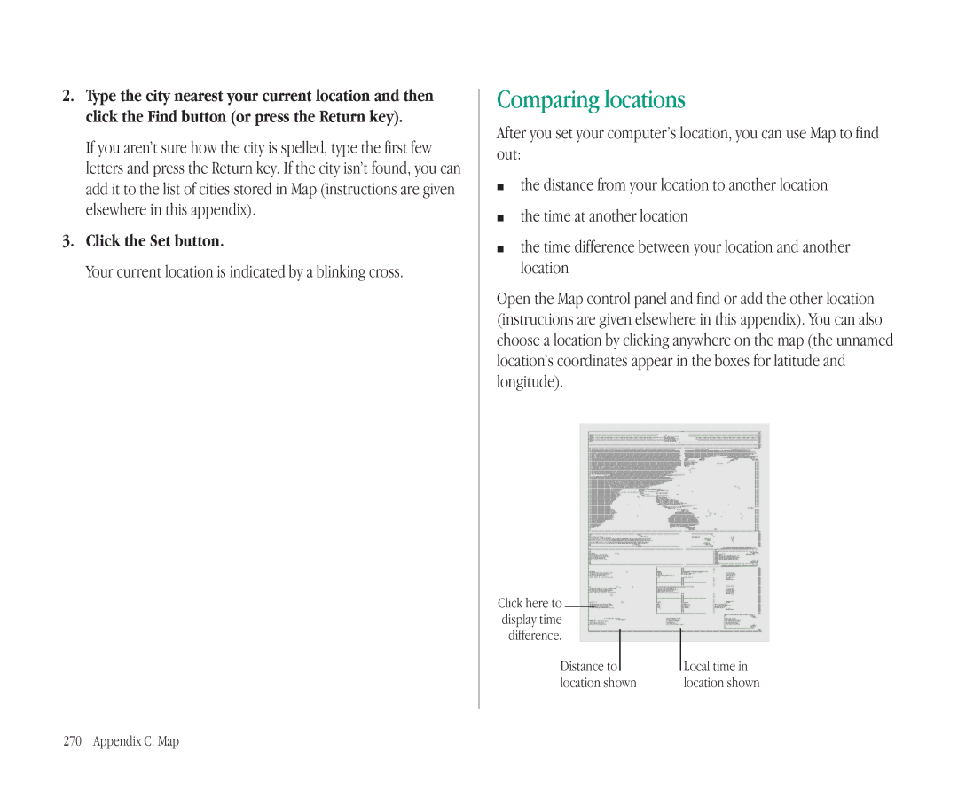 Apple 145B manual Comparing locations, Click the Set button, Your current location is indicated by a blinking cross 