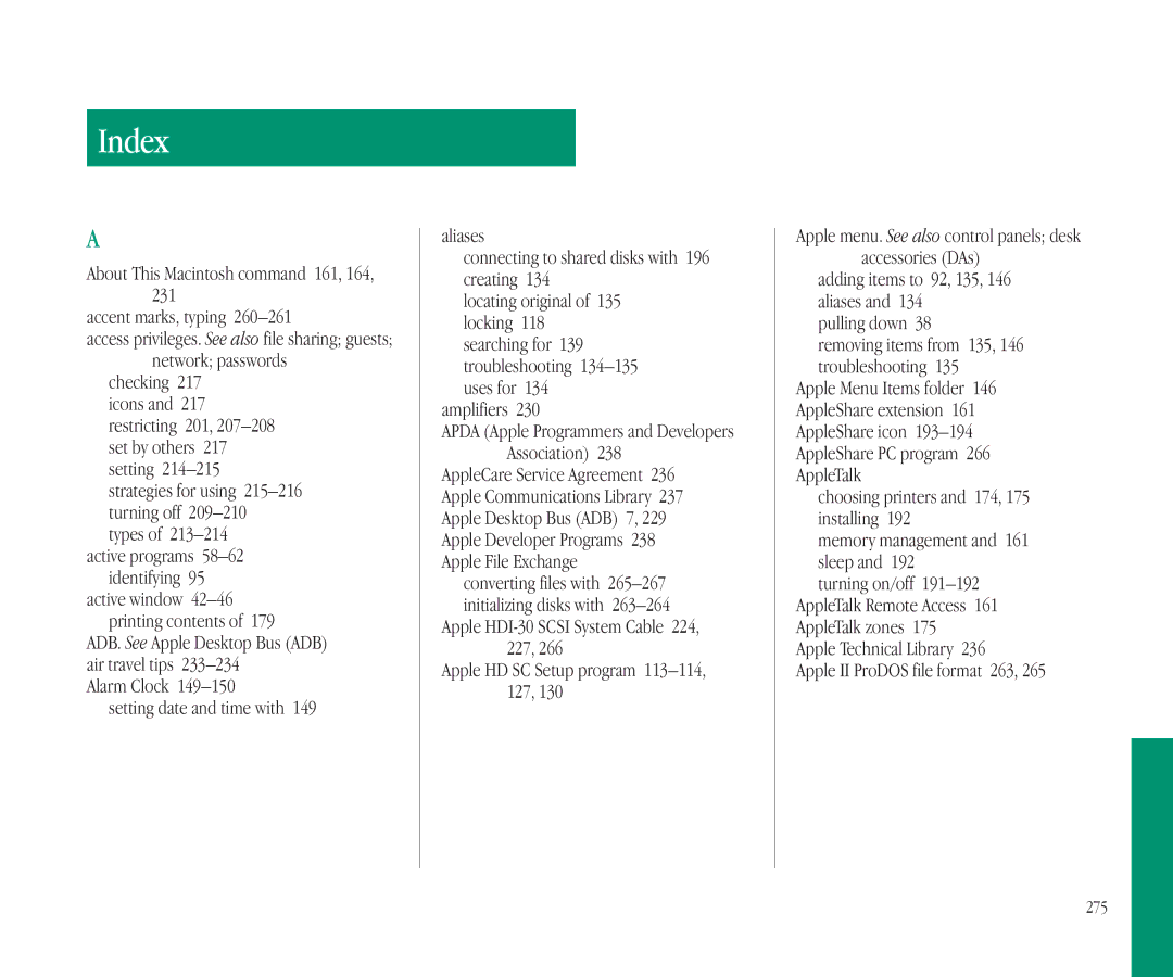 Apple 145B manual About This Macintosh command 161, 164 Accent marks, typing, Amplifiers, Pulling down 