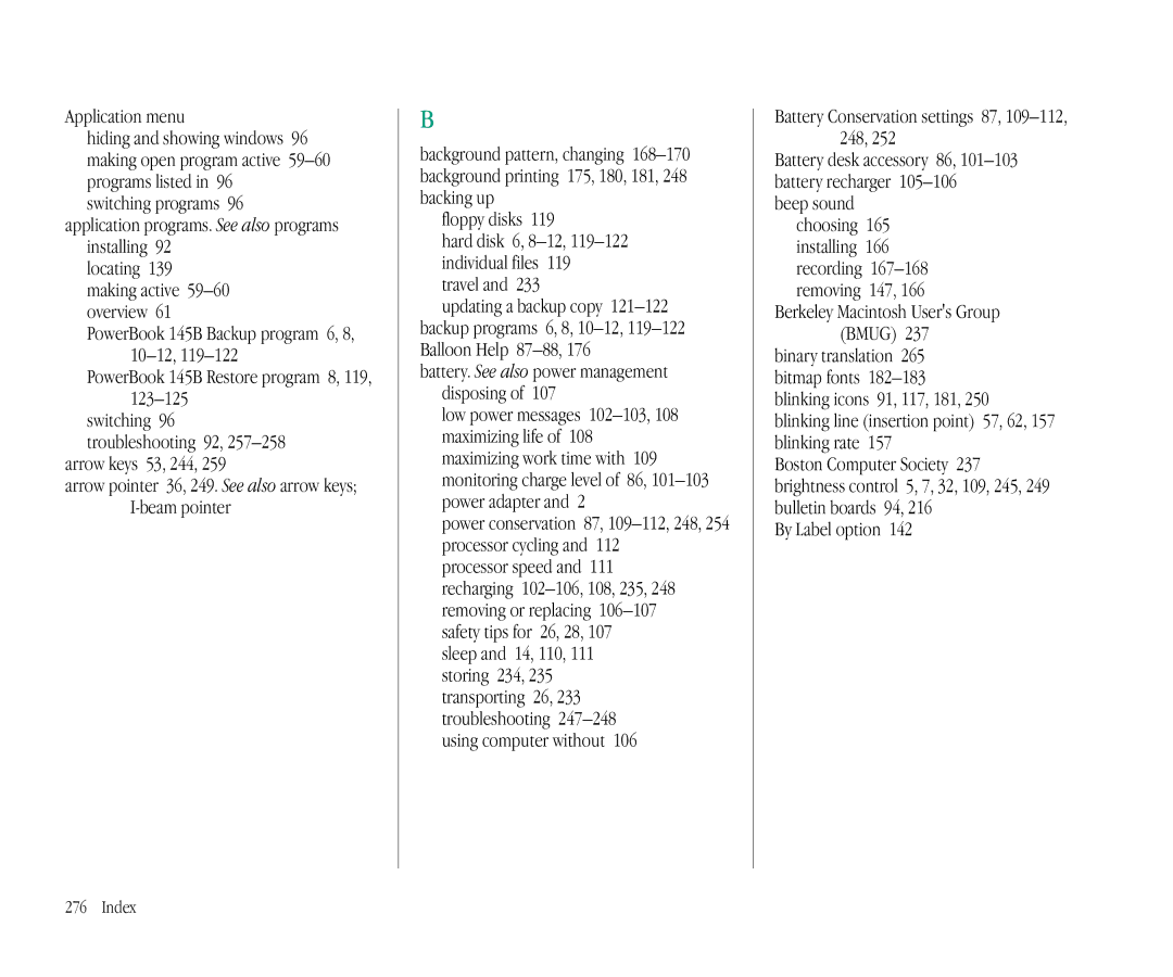 Apple manual Application menu, PowerBook 145B Restore program 8, 119, Arrow keys 53, 244, Travel 