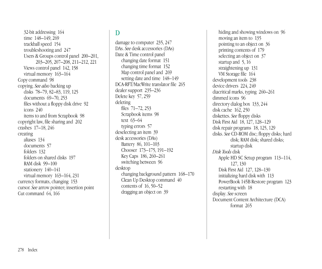 Apple 145B manual Files without a floppy disk drive 92 icons, Delete key 57, 259 deleting, Desktop, Dragging an object on 