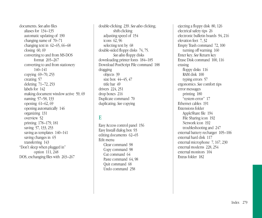 Apple 145B manual Converting to and from stationery, Extras folder, Adjusting speed of 154 icons 62, 96 selecting text by 