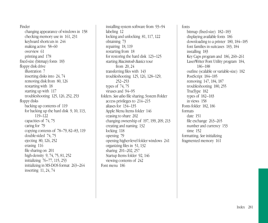 Apple 145B manual Finder, Aliases for, Font menu Fonts, 186-188, Fonts folder 182, 186 formats Date 