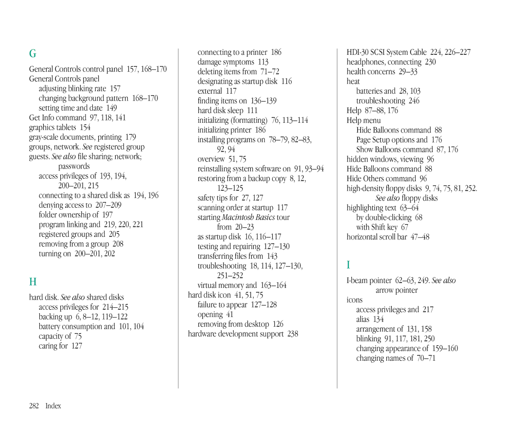 Apple 145B Passwords, Folder ownership, Caring for, Installing programs on 78-79, 82-83, 92 Overview 51, 123-125, From 