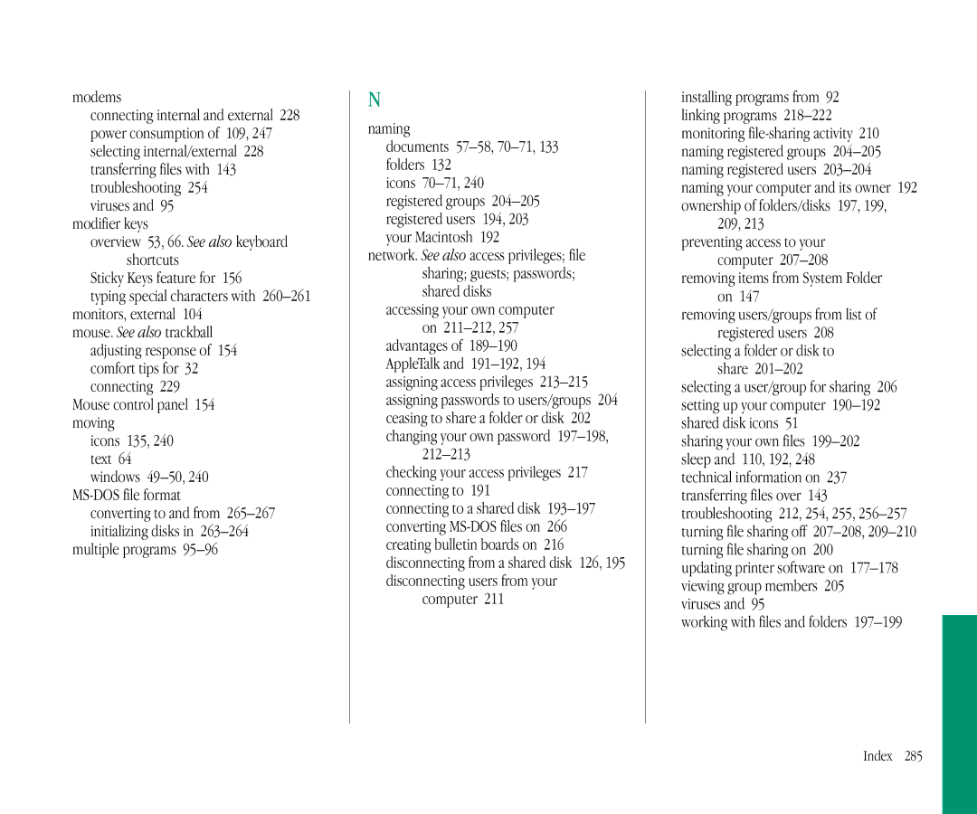 Apple 145B Modems, Mouse control panel 154 moving Icons 135, 240 text, Accessing your own computer, 212-213, Computer 