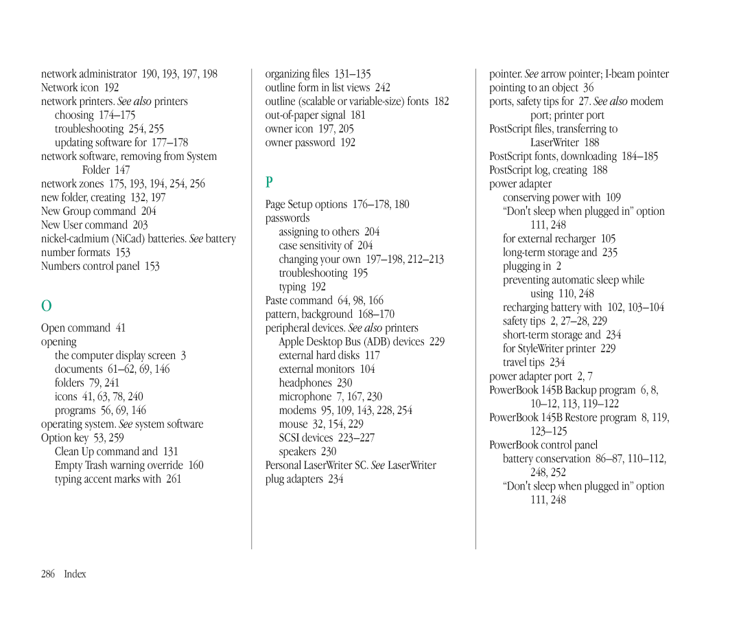 Apple 145B manual Network administrator 190, 193, 197, 198 Network icon, Network software, removing from System Folder 