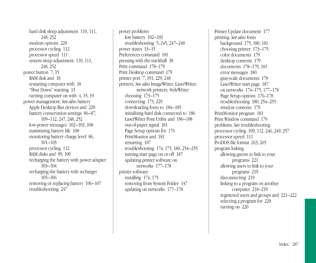 Apple 145B Hard disk sleep adjustment 110, 111, 248, System sleep adjustment 110, 111, 248, Installing 174, Disconnecting 