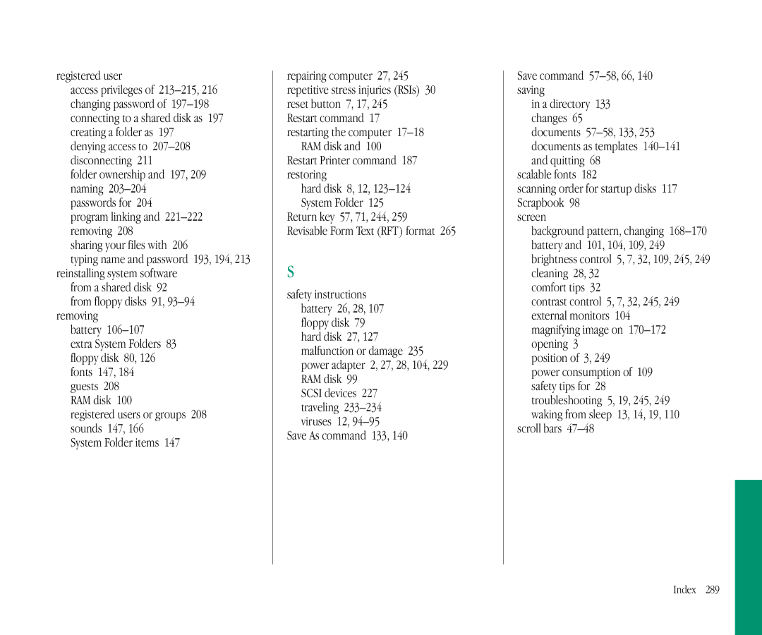 Apple 145B manual Registered user, System Folder items, Save As command 133 Save command 57-58, 66, 140 saving, Scroll bars 