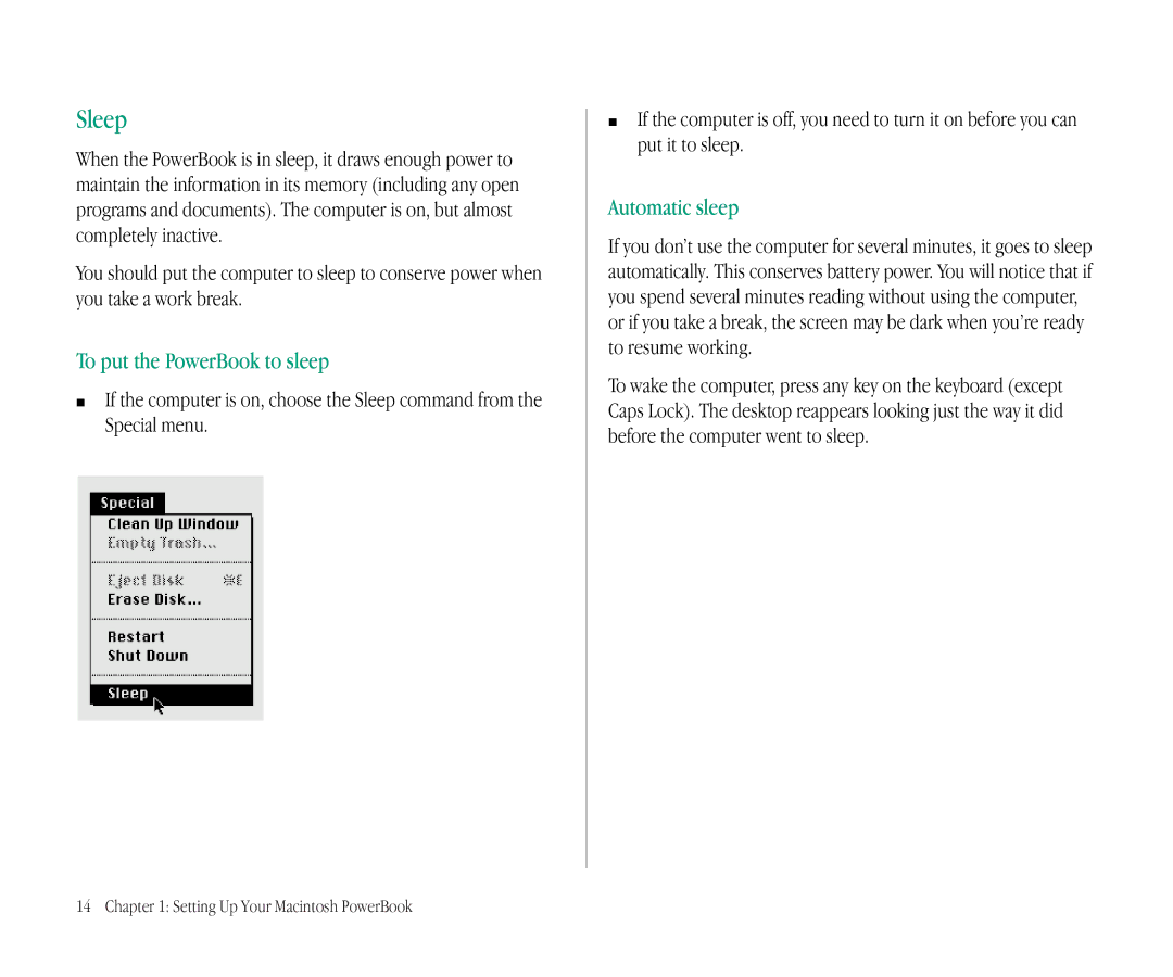 Apple 145B manual Sleep, To put the PowerBook to sleep, Automatic sleep 