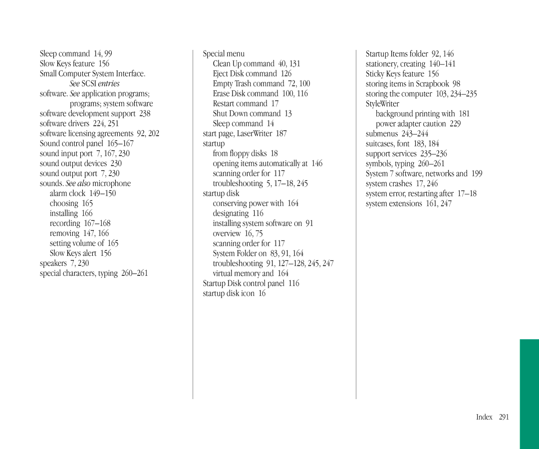 Apple 145B manual Software drivers 224, Speakers 7 Special characters, typing Special menu, From floppy disks, Startup disk 