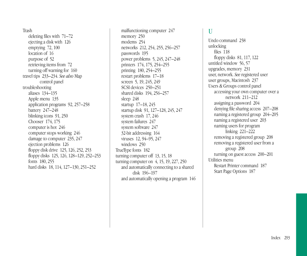 Apple 145B manual Trash, Application programs 92, 257-258 battery, Modems Networks 212, 254, 255, 256-257 passwords 