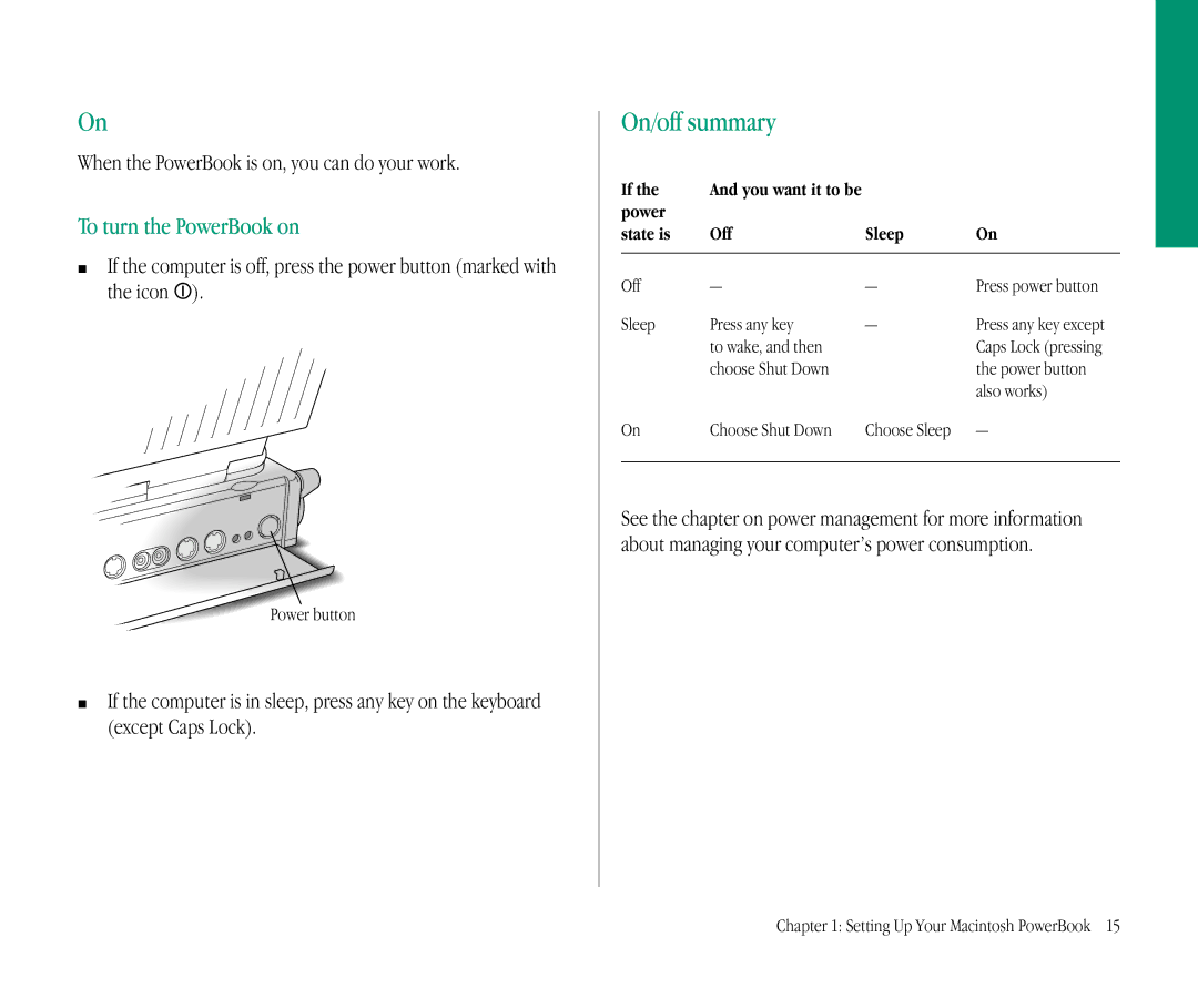 Apple 145B manual On/off summary, To turn the PowerBook on, When the PowerBook is on, you can do your work 