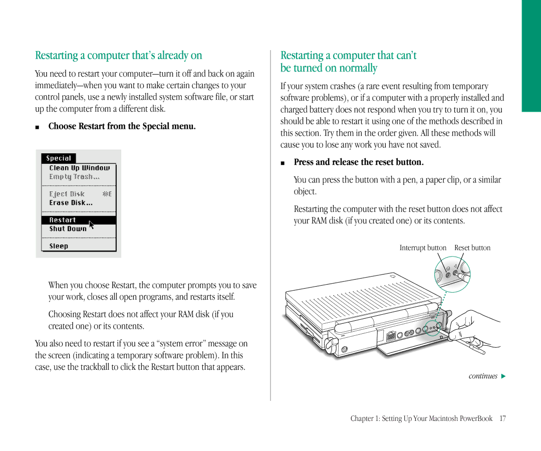 Apple 145B manual Restarting a computer that’s already on, Choose Restart from the Special menu 