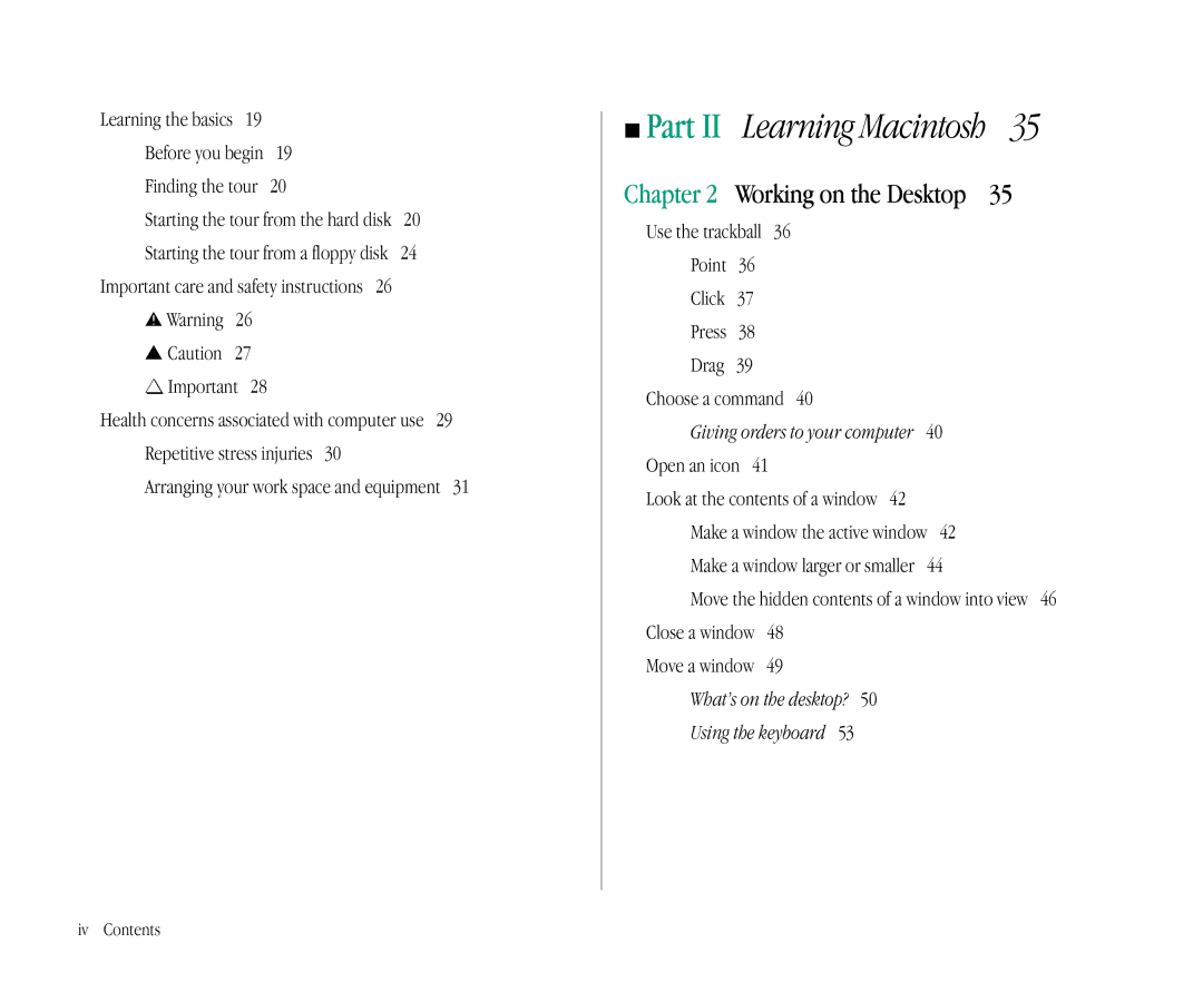 Apple 145B manual Chapter, Working on the Desktop, Arranging your work space and equipment, Choose a command, Open an icon 