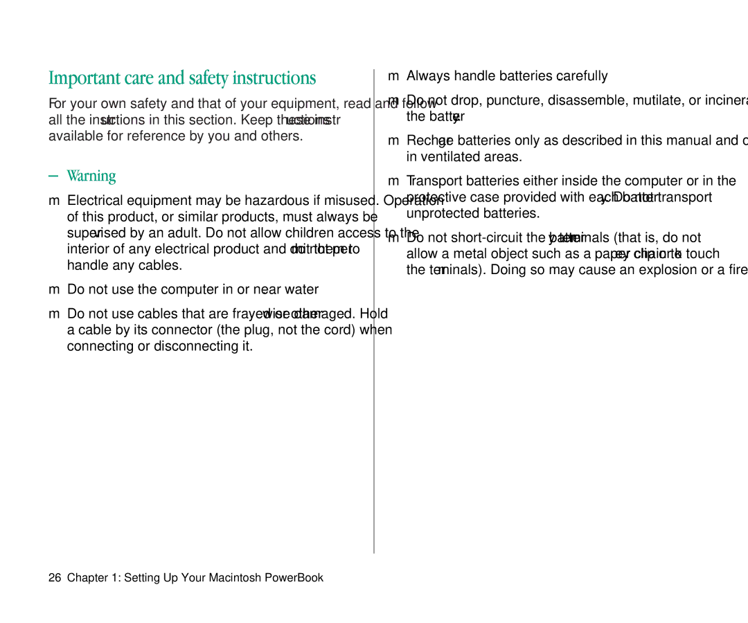 Apple 145B manual ± Warning, Do not use the computer in or near water 