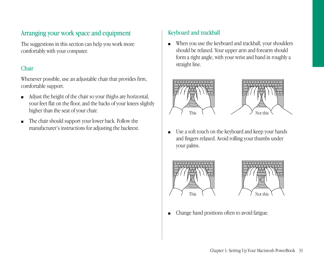 Apple 145B manual Arranging your work space and equipment, Chair, Keyboard and trackball, This 