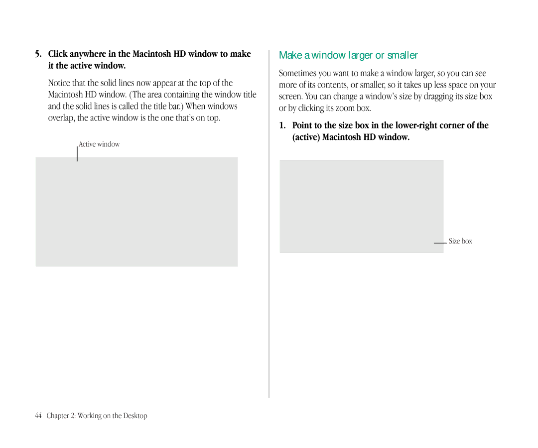 Apple 145B manual Make a window larger or smaller, Active window, Size box Working on the Desktop 