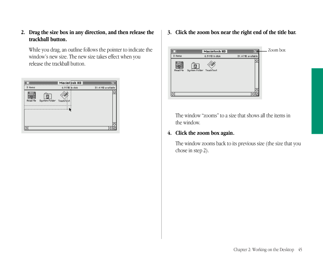 Apple 145B manual Click the zoom box near the right end of the title bar, Click the zoom box again, Zoom box 