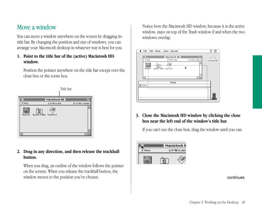 Apple 145B manual Move a window, Point to the title bar of the active Macintosh HD window, Title bar 