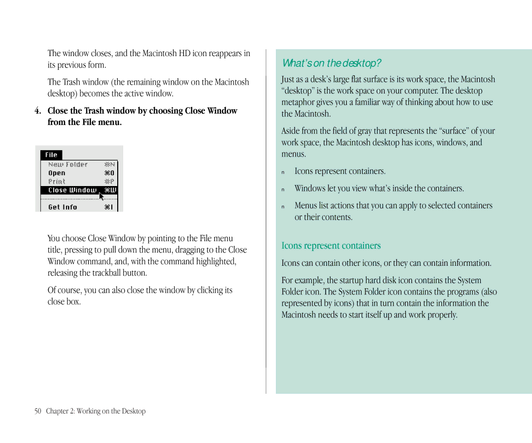 Apple 145B manual What’s on the desktop?, Icons represent containers 