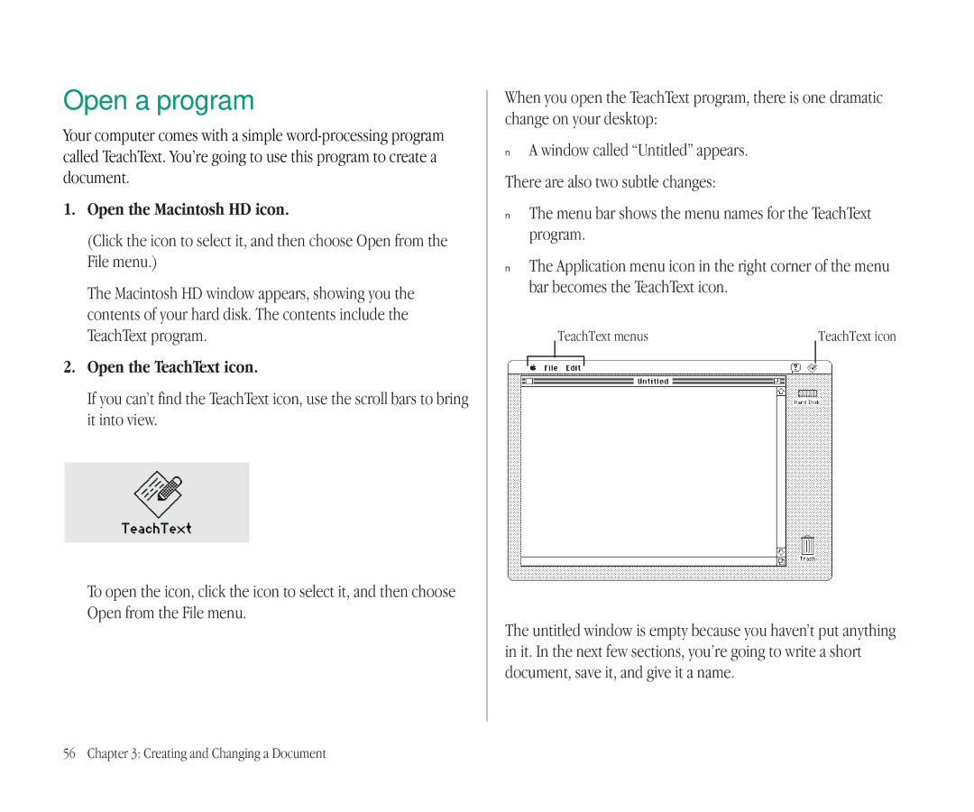 Apple 145B manual Open a program, Open the Macintosh HD icon, Open the TeachText icon, TeachText menus 