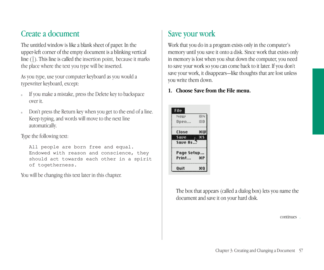 Apple 145B manual Create a document, Save your work, You will be changing this text later in this chapter 