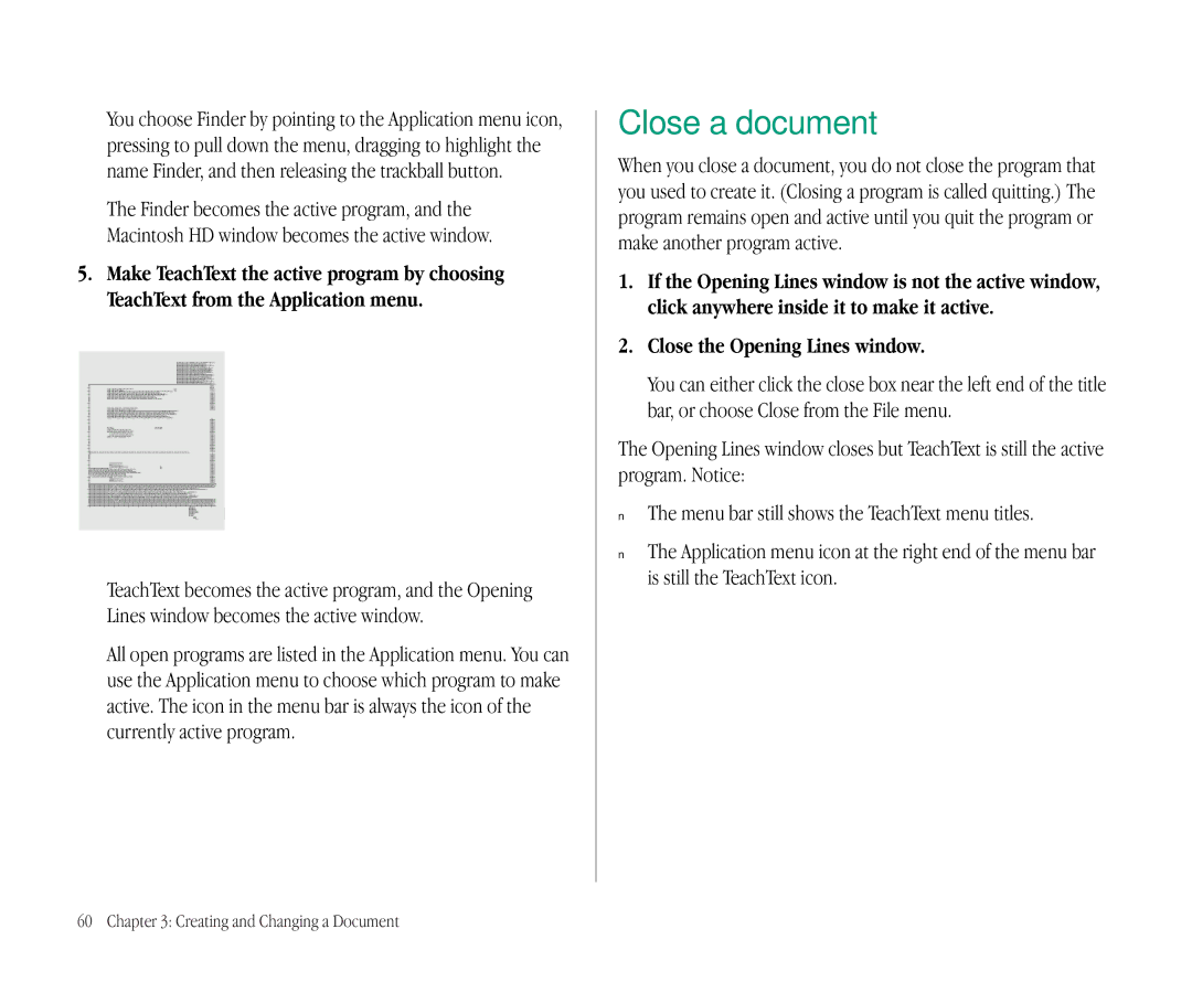 Apple 145B manual Close a document, Close the Opening Lines window 