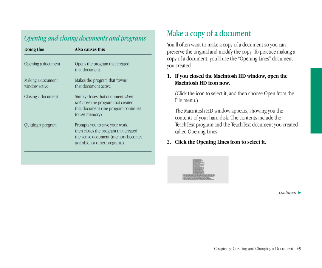 Apple 145B manual Make a copy of a document, Click the Opening Lines icon to select it, To use memory 