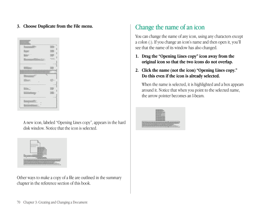 Apple 145B manual Change the name of an icon, Choose Duplicate from the File menu 